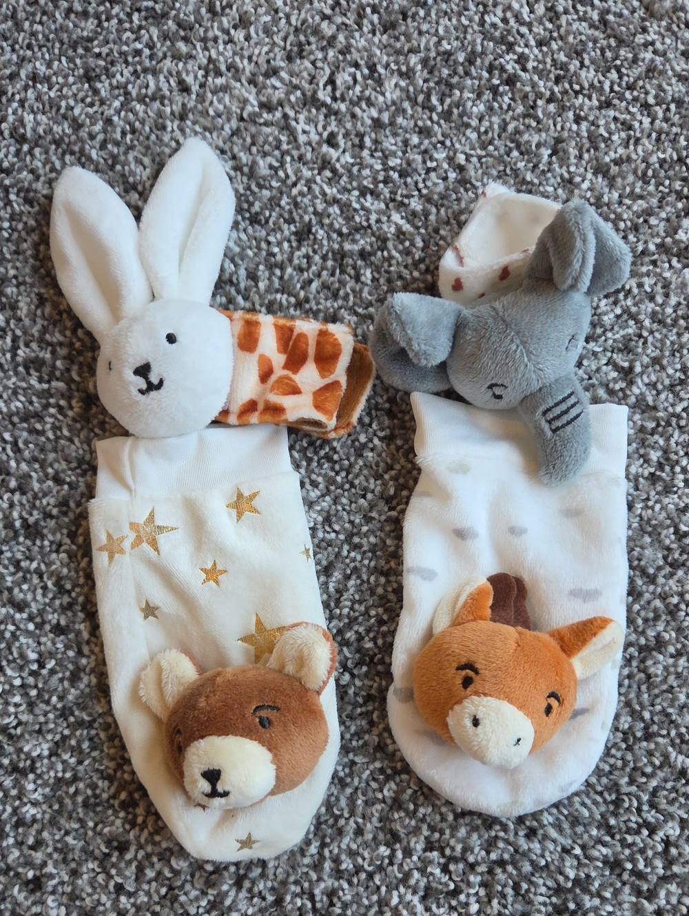 Plush Animal Wrist Rattle Socks for Kids - White with Tan & Gray